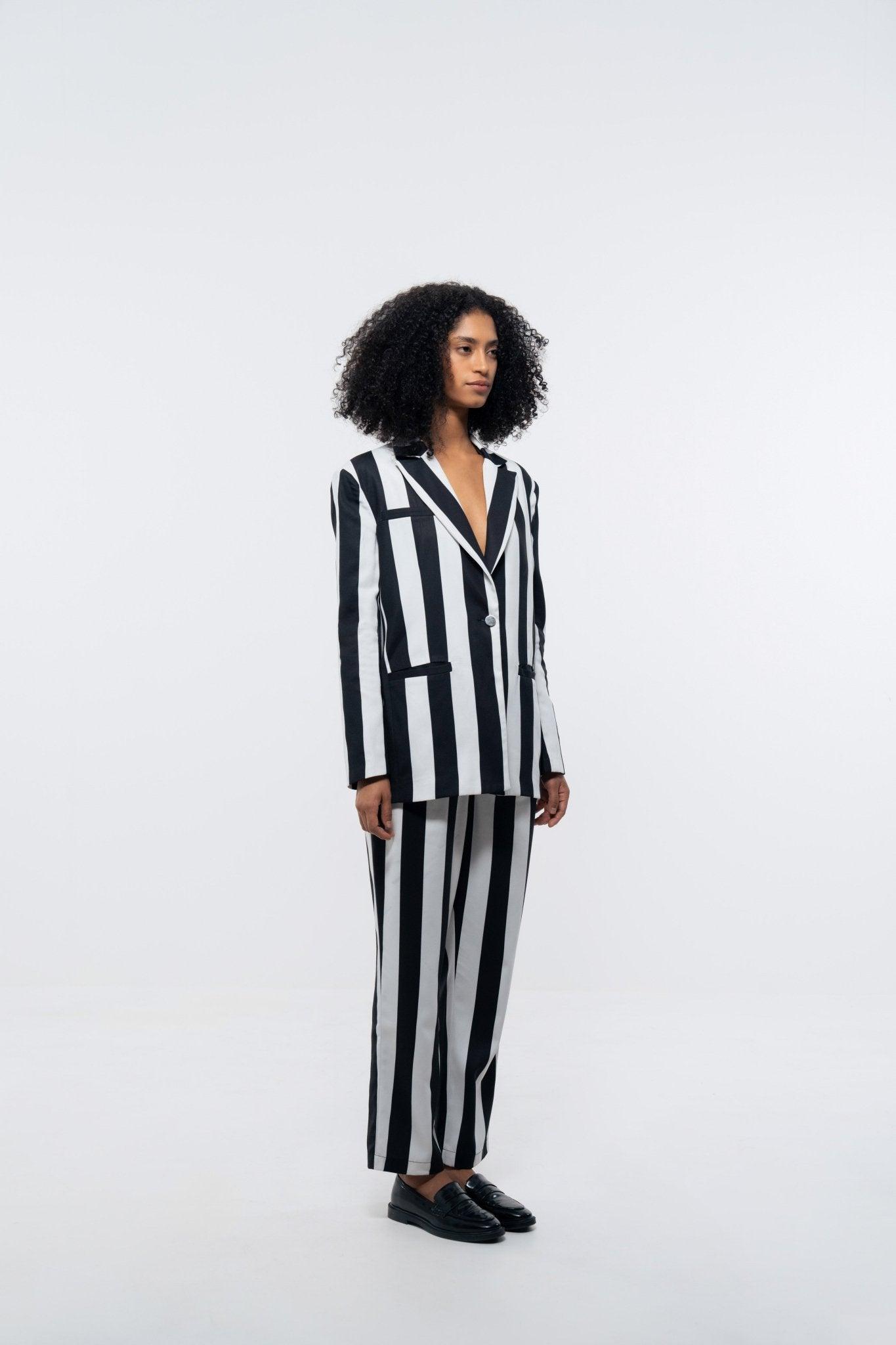 Black and white striped blazer and pants best sale