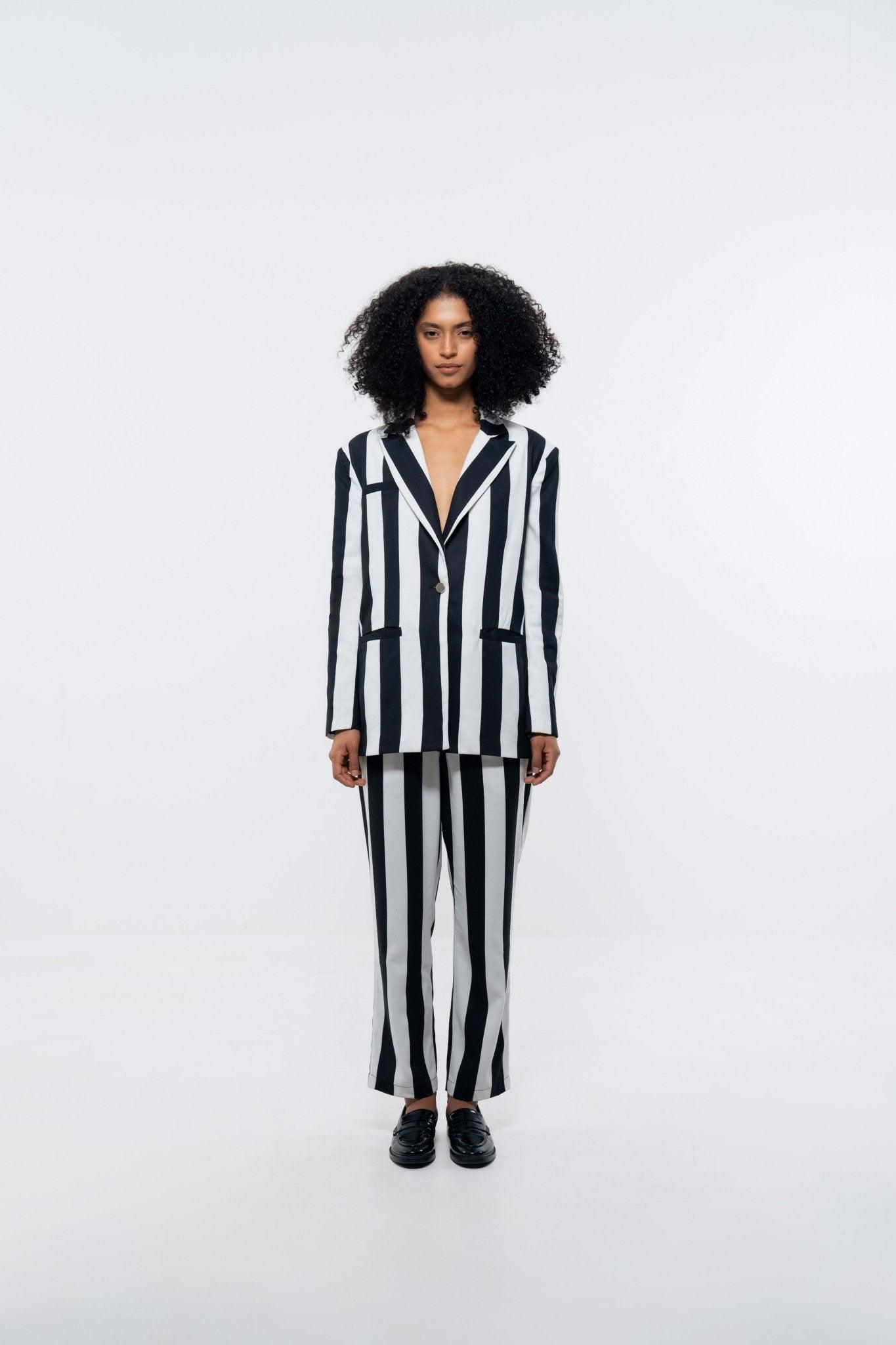 Black and white striped pant suit online