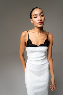 WHITE RIB MIDI DRESS WITH LACE DETAIL - Sotbella