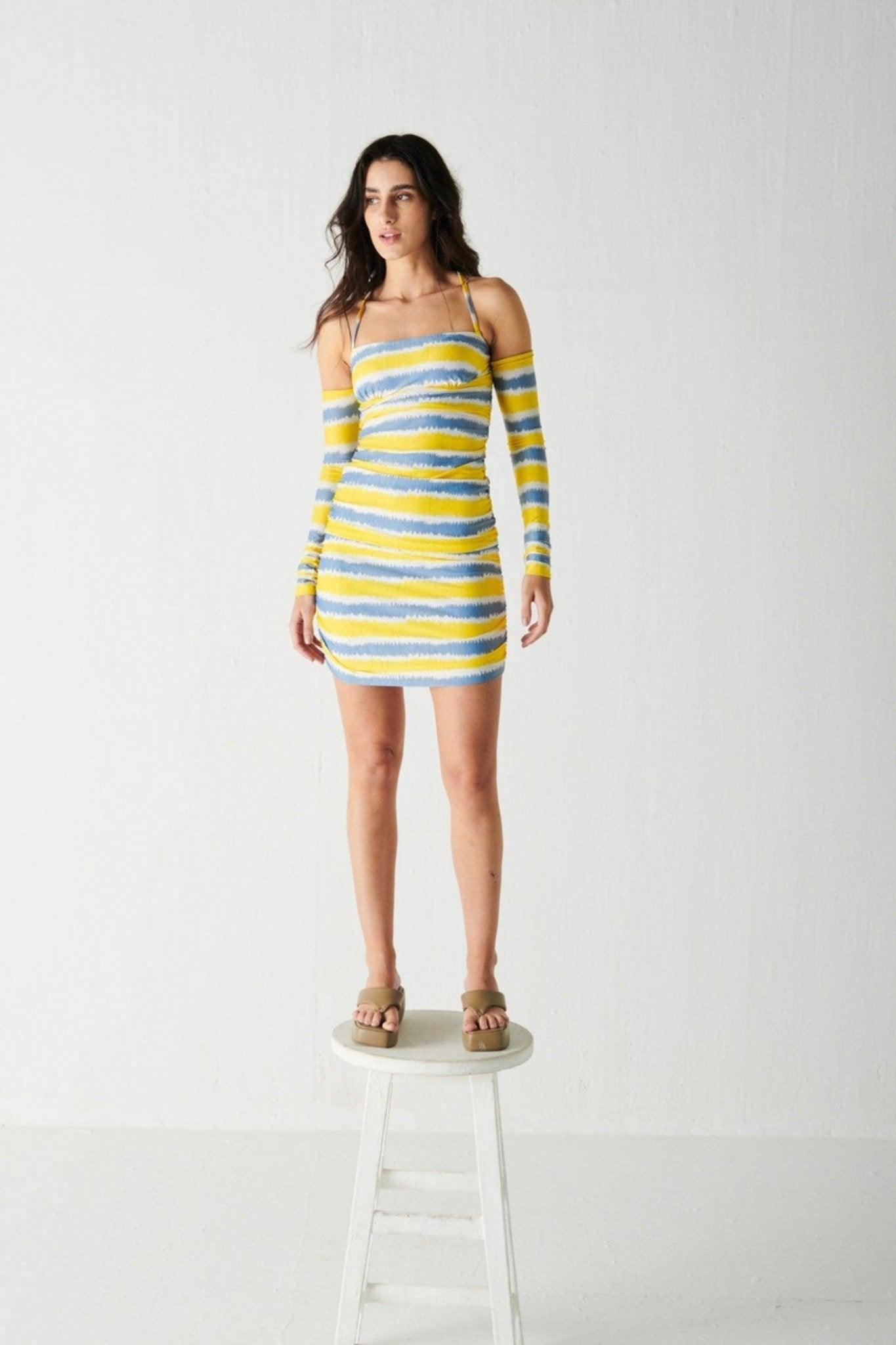 Yellow & Blue Strip Mini Dress - Sotbella